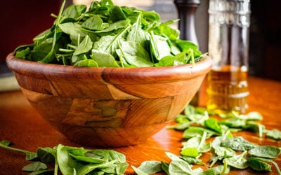 Sautéed Spinach. A bowl of sauteed spinach on a table with a bottle of olive oil in the background.