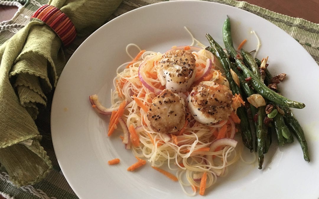Pan-Seared Scallops with a Ginger and Garlic Rice Noodle Salad