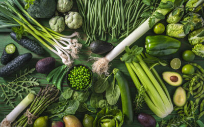 Life At The Table Virtual Culinary Team Building Events - background of green vegetables of all kinds - leeks, celery, zucchini, avocado, green beans, spinach