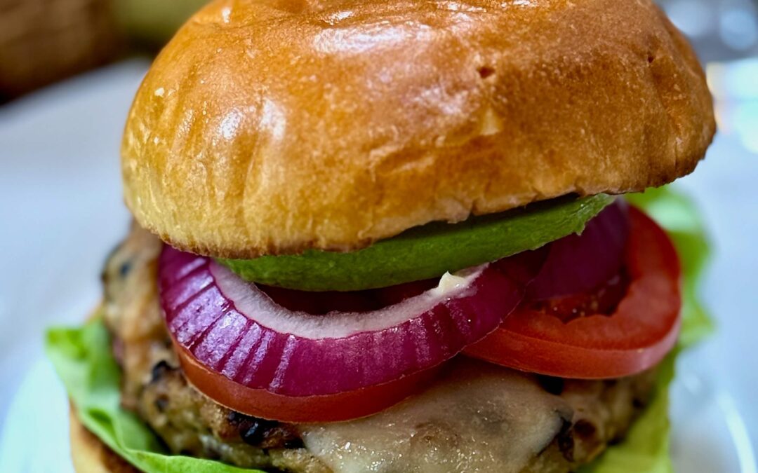 Juicy Grilled Chicken Burger with Mushrooms and Basil