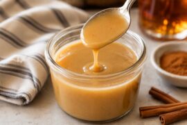 Life At The Table Bourbon Sauce. A bourbon sauce in a glass jar with some of the sauce being drizzled off a spoon back into the jar. A white napkin with blue stripes sits beside the jar as does some cinnamon sticks.